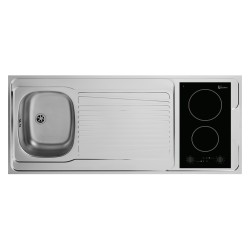 KITCHENETTE EVIER INOX REVERSIBLE 1 CUVE 140CM DOMINO VITRO MANETTE MEUBLE 2 PORTES  FRIGO 4